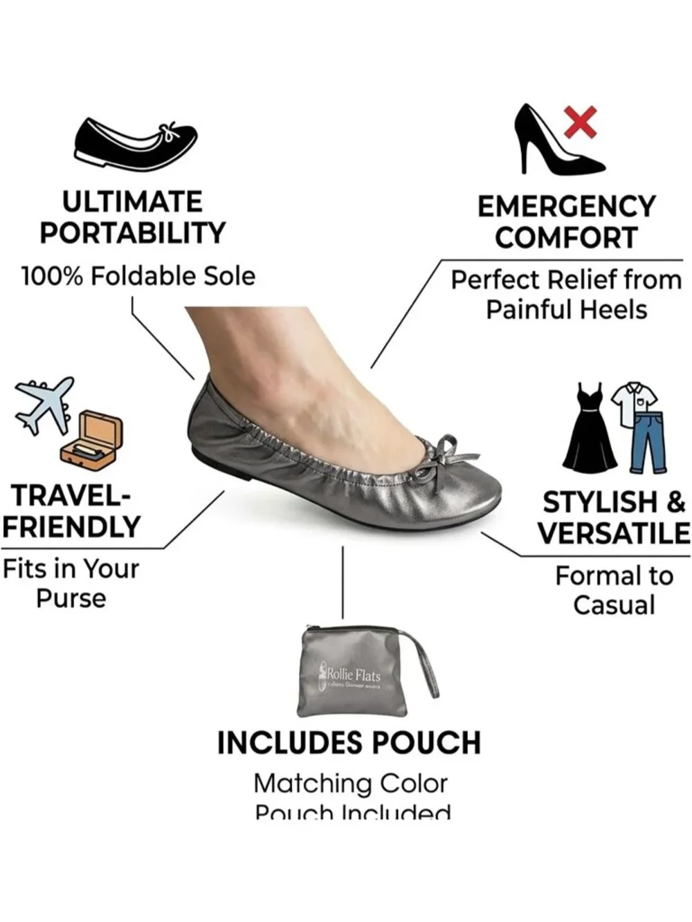 Women's Space Grey Fit in Your Purse Round Toe Casual Foldable Ballet Flat Shoes